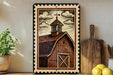 a wooden barn with a steeple, surrounded by various kitchen utensils and a potted plant.