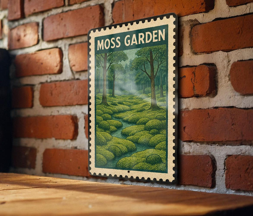 A framed poster of a lush, green moss-covered forest is displayed on a brick wall.