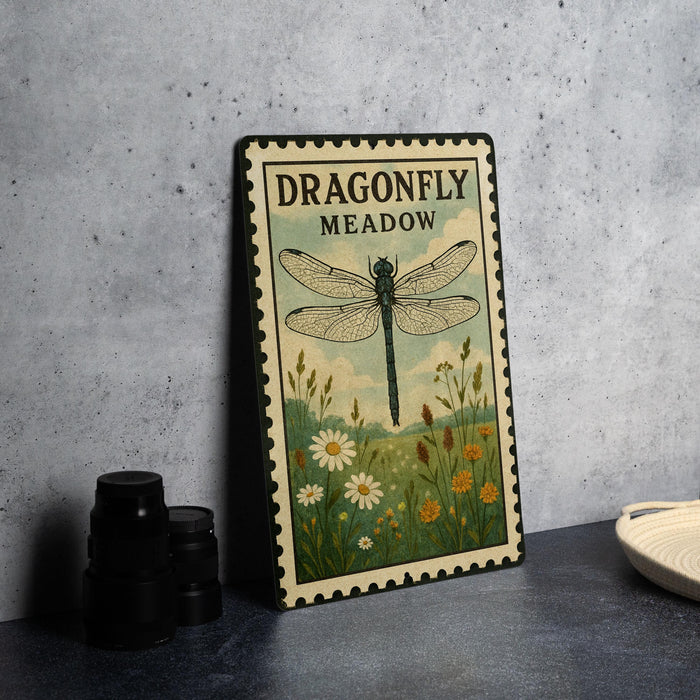 A framed poster of a dragonfly resting on a table, with a field of flowers and a basket nearby.