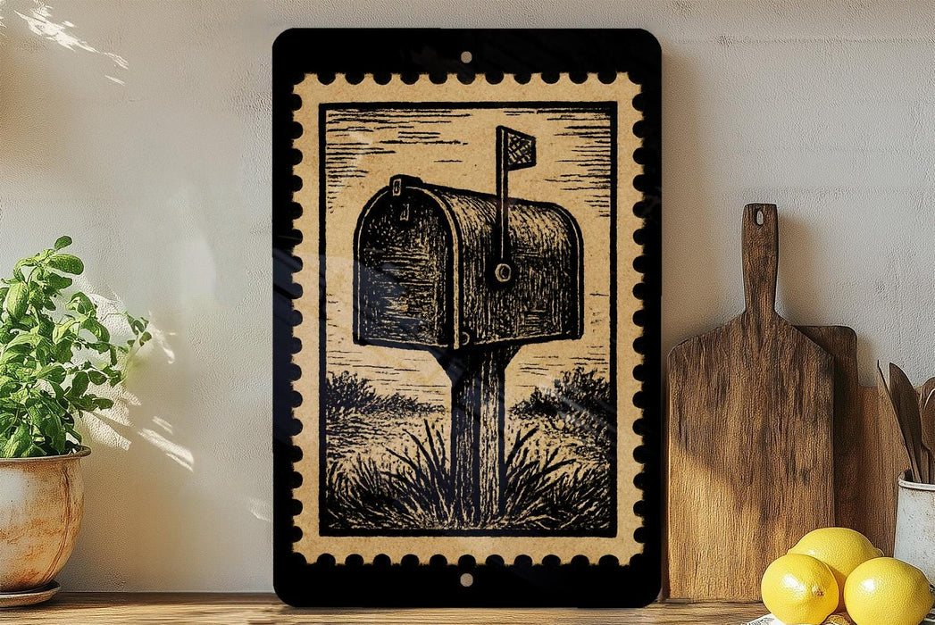 a black and white illustration of a mailbox on a wooden surface, with a potted plant and a wooden cutting board nearby.