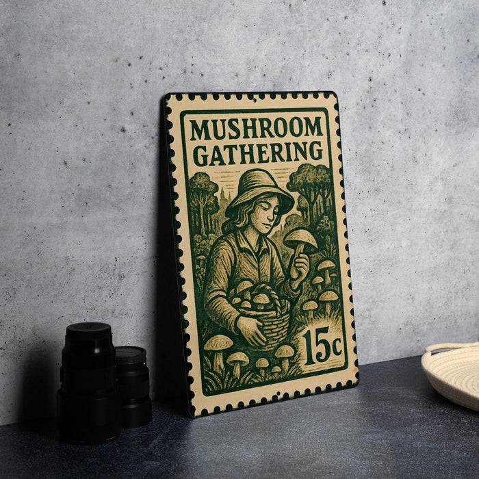 A metal sign with a mushroom illustration and text, placed on a table next to some black camera lenses.