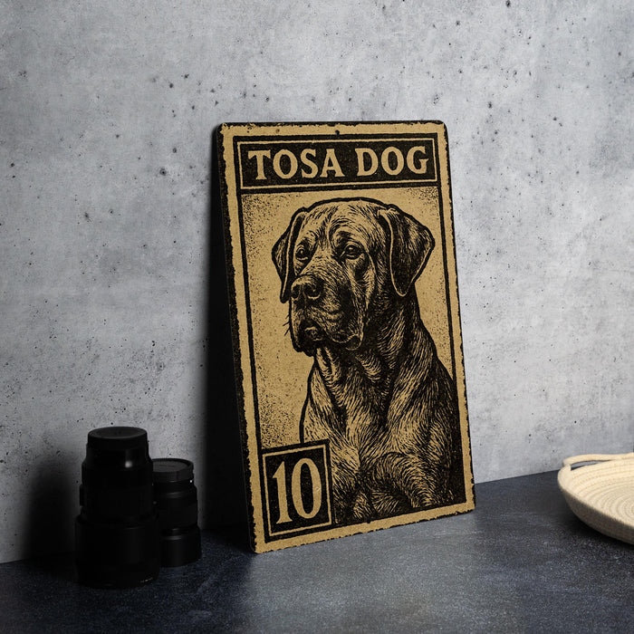A framed illustration of a dog, titled "Tosa Dog", is displayed on a table next to some black camera lenses.
