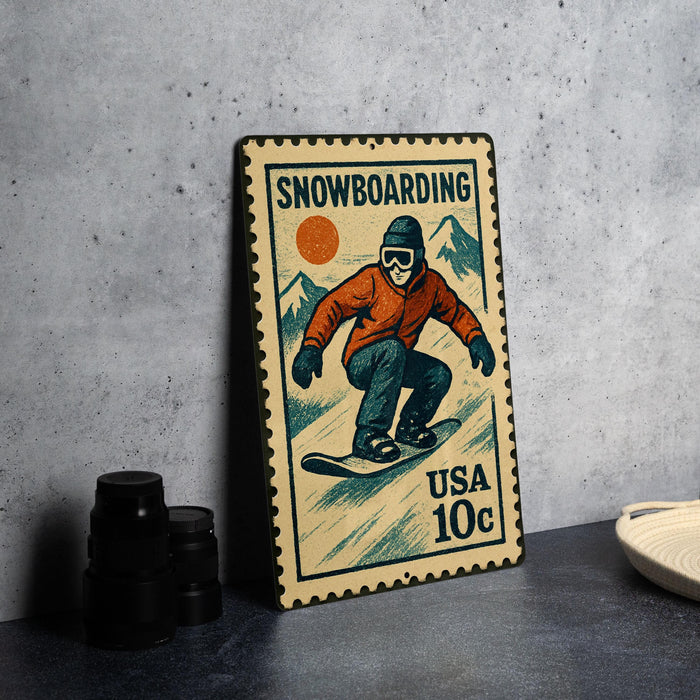 A vintage-style metal stamp depicting a snowboarder on a mountain slope, with the text "SNOWBOARDING" and "USA 10c" printed on it.