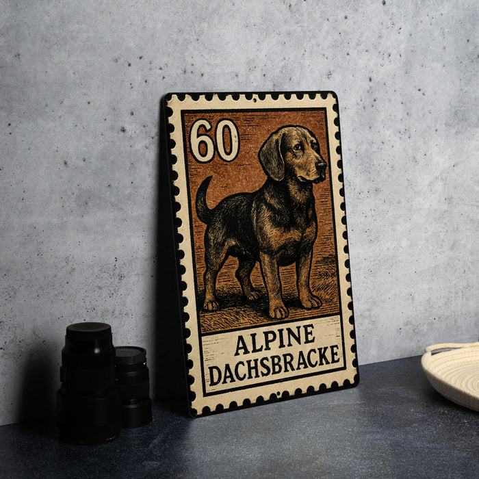 A metal sign with a dog illustration and the text "60 Alpine Dachsbracke" is displayed on a table.