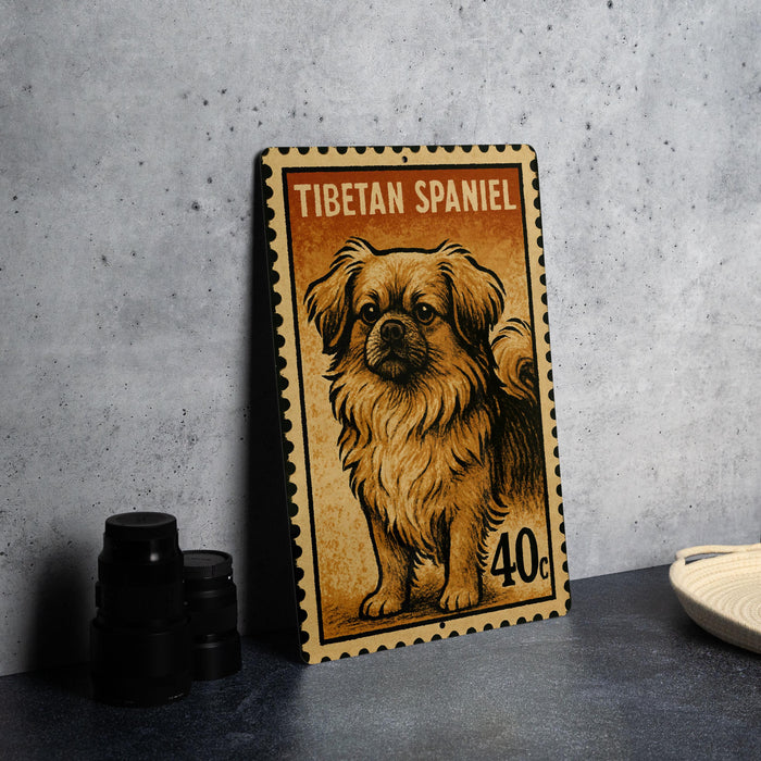 A Tibetan Spaniel dog is depicted on a postage stamp-like sign, with a price tag of 40 cents.