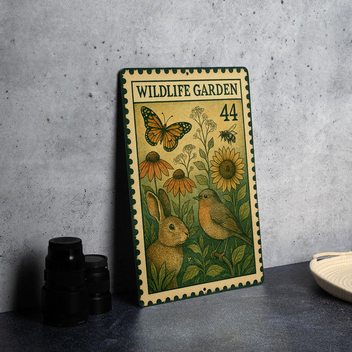 A metal sign with a vintage design, featuring illustrations of a rabbit, a butterfly, and sunflowers, along with the text "WILDLIFE GARDEN 44".