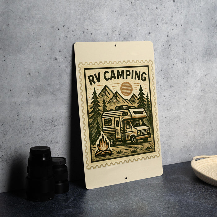 a sign with a vintage-style illustration of a camper van and a campfire, along with the text "RV CAMPING" and a mountain landscape.