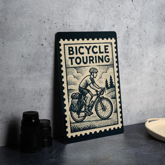 a bicycle touring sign with a black and white illustration of a person riding a bicycle.