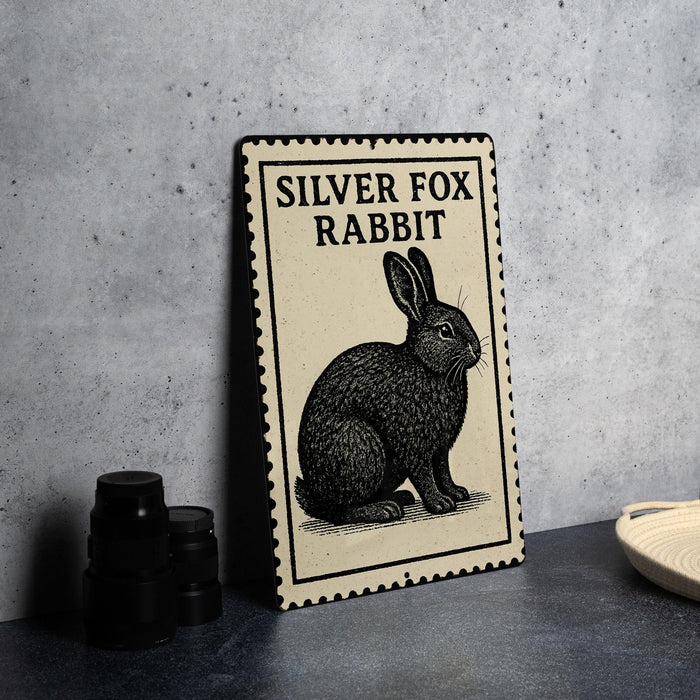 a silver fox rabbit illustration on a rectangular sign with a black border, placed on a gray countertop next to some black camera lenses.