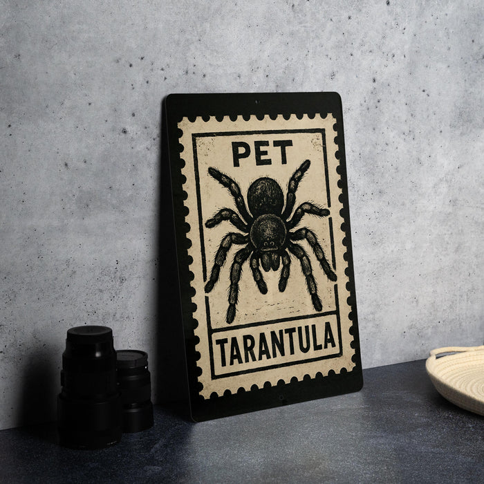 A framed poster of a tarantula is displayed on a countertop, with a stack of black camera lenses and a woven basket nearby.