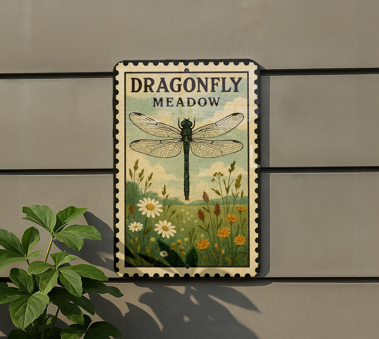 A sign for Dragonfly Meadow, featuring a dragonfly and a field of flowers, is displayed on a wall.