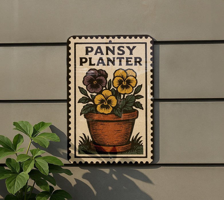 A sign with the word "PANSY PLANTER" and an illustration of a potted plant with yellow and purple flowers.