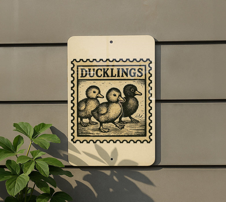 A sign with the word "DUCKLINGS" printed on it, featuring three ducks in a row.