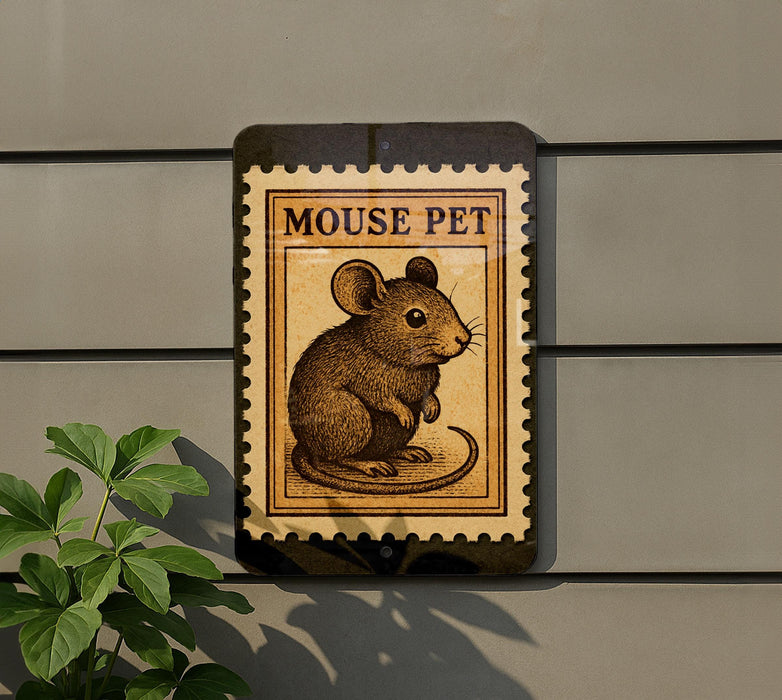 a sign with a mouse illustration, mounted on a wall next to a plant.
