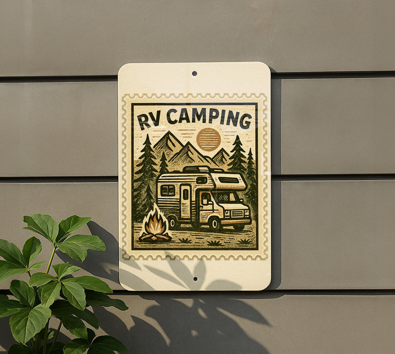 a sign with a camping scene, including a camper van, trees, and a campfire, mounted on a wall.