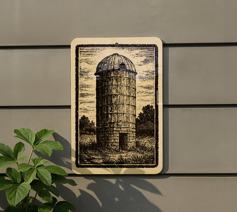 a wooden silo with a dome-shaped roof, set against a backdrop of trees and a cloudy sky.
