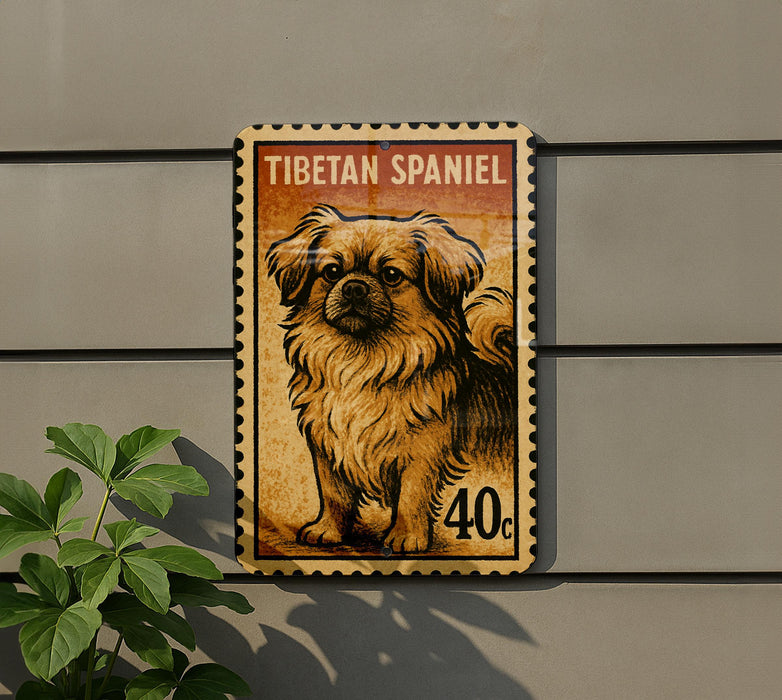 A Tibetan Spaniel dog is depicted on a postage stamp-like sign, which is mounted on a wall.