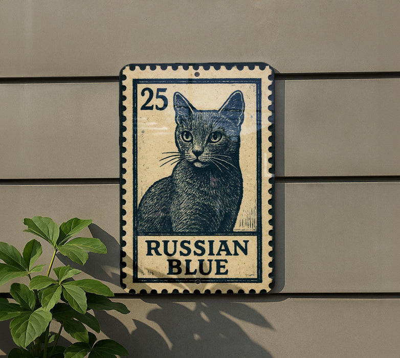 A metal sign with a black and white illustration of a cat, mounted on a wall.