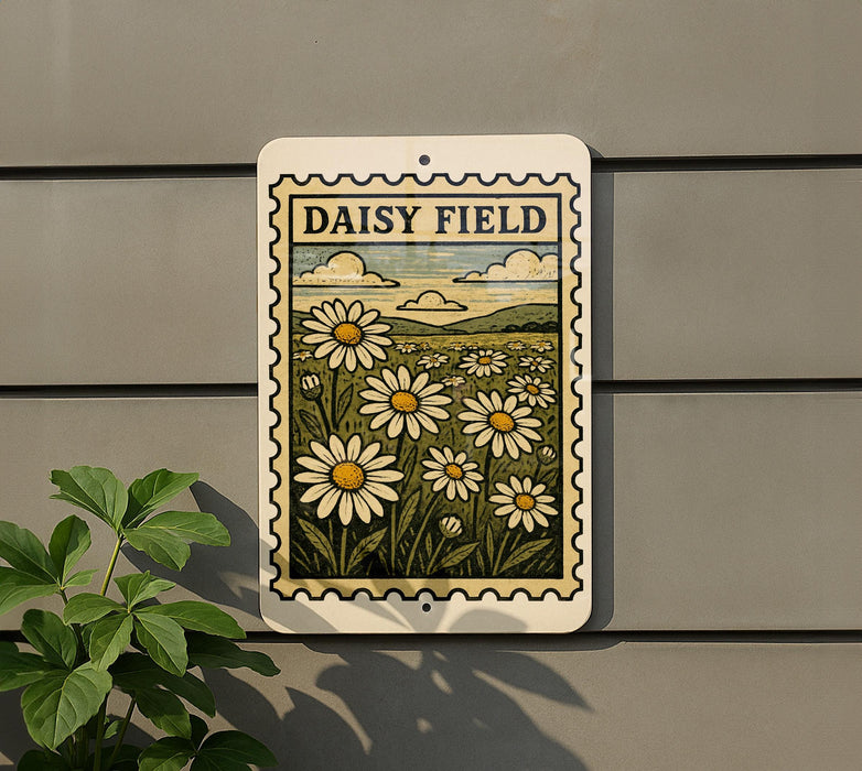 a sign with a floral design, mounted on a wall next to a plant.