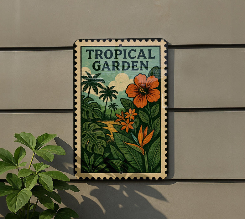 A tropical garden sign with palm trees and flowers is displayed on a wall, accompanied by a potted plant.
