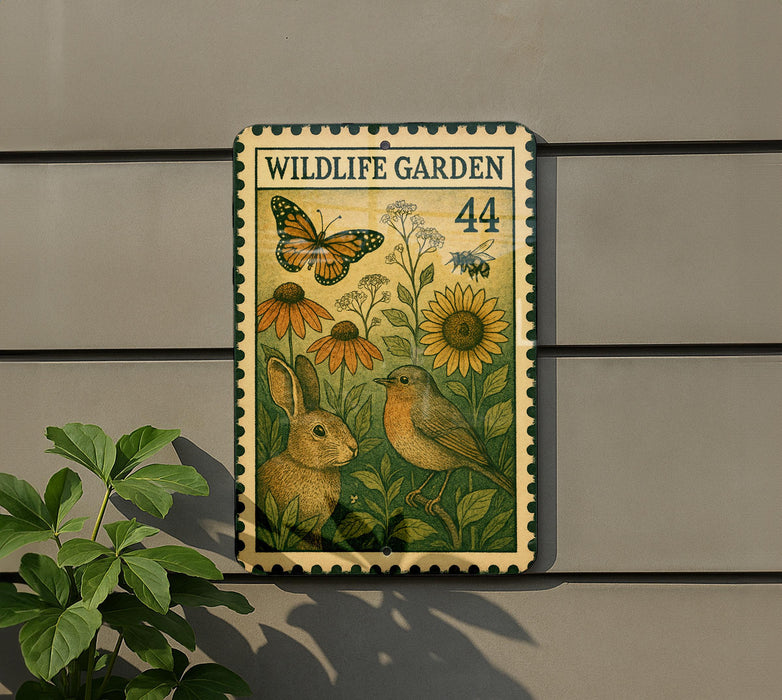 a wildlife garden sign with a rabbit, bird, and flowers, mounted on a wall.
