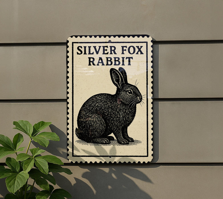 a sign with a black and white illustration of a rabbit, mounted on a wall.