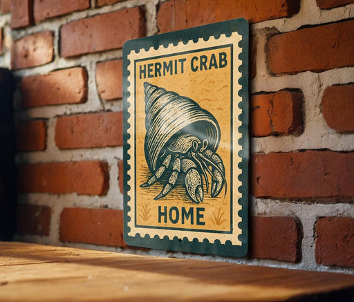 A vintage-style metal sign with a hermit crab illustration and the text "HERMIT CRAB HOME" is displayed on a brick wall.
