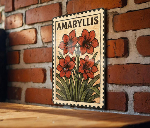 A framed illustration of red lilies is displayed on a brick wall, with the word "AMARYLLIS" written above the flowers.
