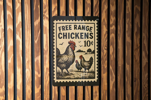 A sign advertising free range chickens for 10 cents is displayed on a wooden wall.
