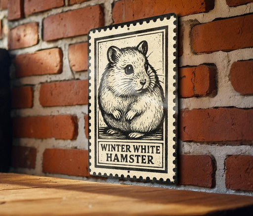 A metal sign featuring a hamster illustration is mounted on a brick wall.