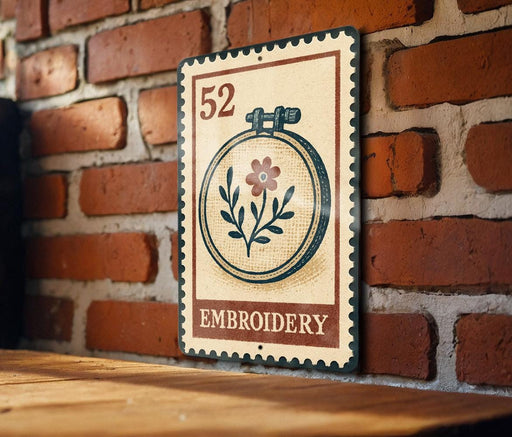 A vintage-style sign with the number 52 and an embroidery design is mounted on a brick wall.