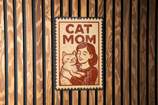 A sign with the text "CAT MOM" and an illustration of a woman holding a cat.