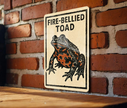 a sign with a picture of a fire-bellied toad on it, mounted on a brick wall.