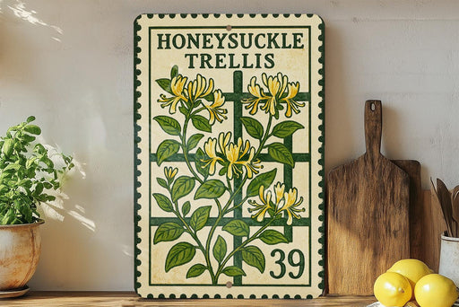 a vintage-style metal sign with a floral design, placed on a wooden shelf next to a wooden cutting board and a potted plant.