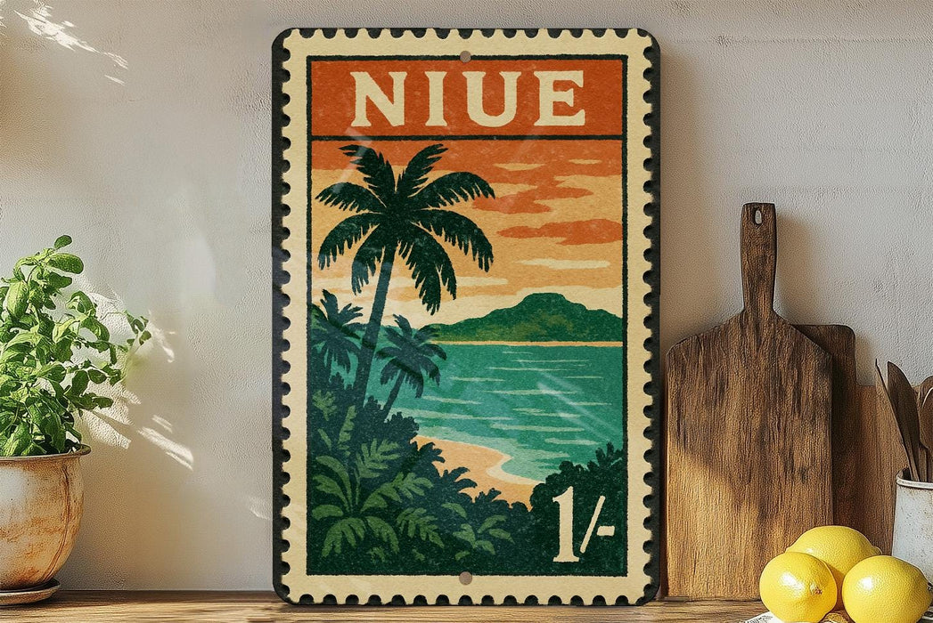 A vintage-style metal stamp with a tropical landscape design, featuring palm trees, a sunset, and a body of water.