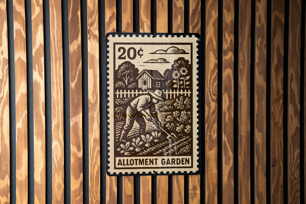 A 20¢ postage stamp featuring a man working in a garden, with the text "ALLOTMENT GARDEN" printed on it.