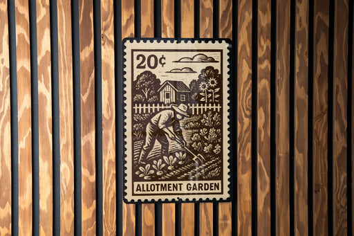 A 20¢ postage stamp featuring a man working in a garden, with the text "ALLOTMENT GARDEN" printed on it.
