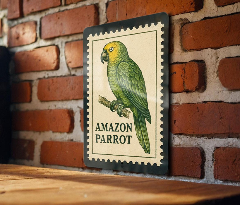 a poster of an Amazon parrot, which is mounted on a brick wall.