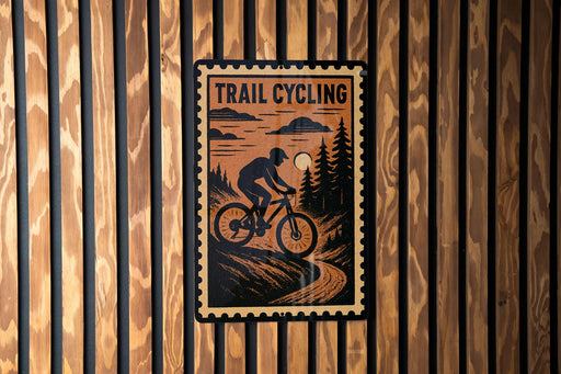 A sign with the text "TRAIL CYCLING" and an illustration of a person riding a bicycle on a trail.