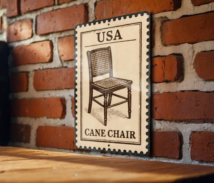 A vintage-style metal sign with a cane chair illustration is mounted on a brick wall.