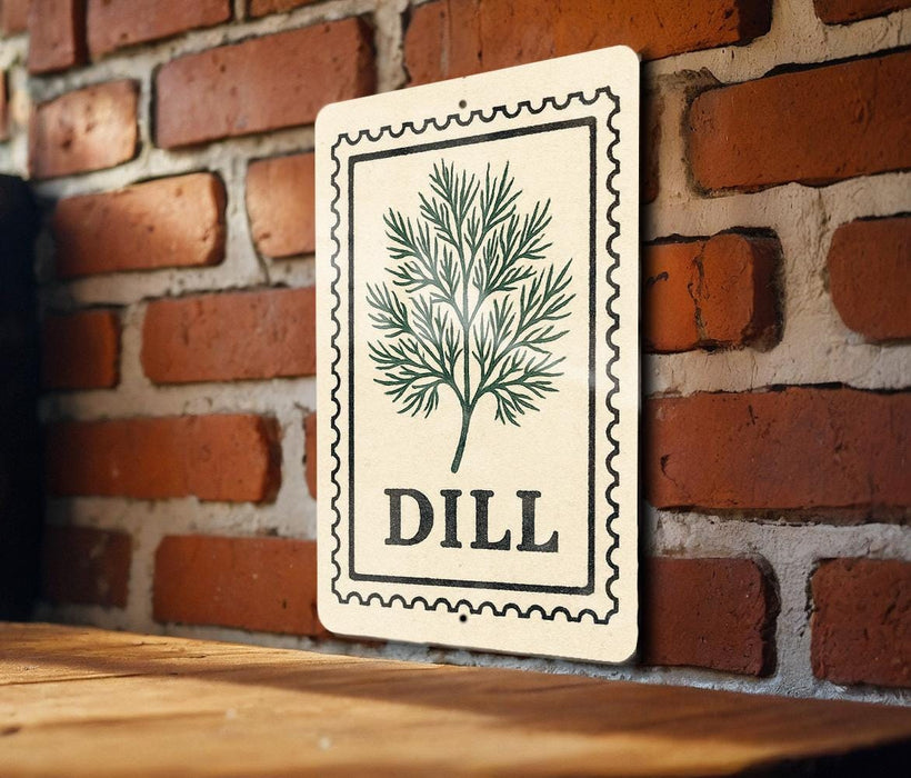 A wooden table with a sign featuring a plant illustration and the word "DILL" on it, mounted on a brick wall.