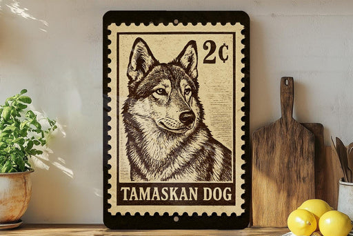 A framed image of a tamaskan dog, a breed of wolf, is displayed on a shelf next to a wooden cutting board and some lemons.