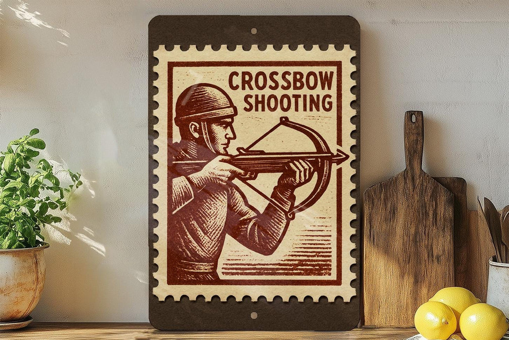 a wooden frame with a vintage-style stamp depicting a man holding a crossbow, placed on a wooden surface next to a wooden cutting board and some lemons.