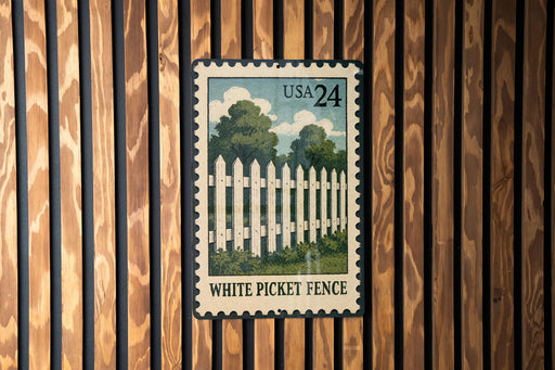 A white picket fence is depicted on a wooden wall, with a USA 24 postage stamp in the center.