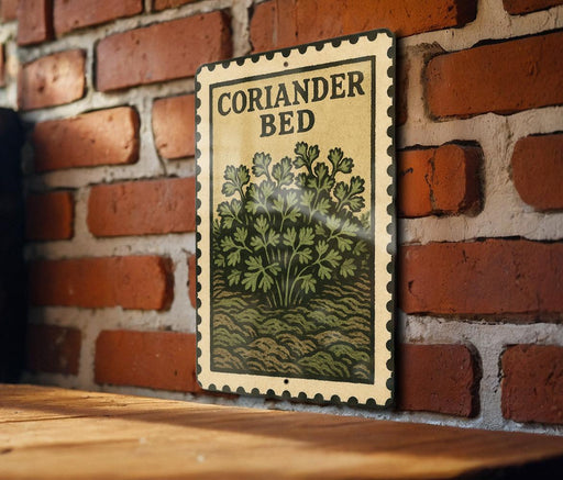 A vintage-style metal sign with the text "CORIANDER BED" is displayed on a brick wall, with a wooden table below it.