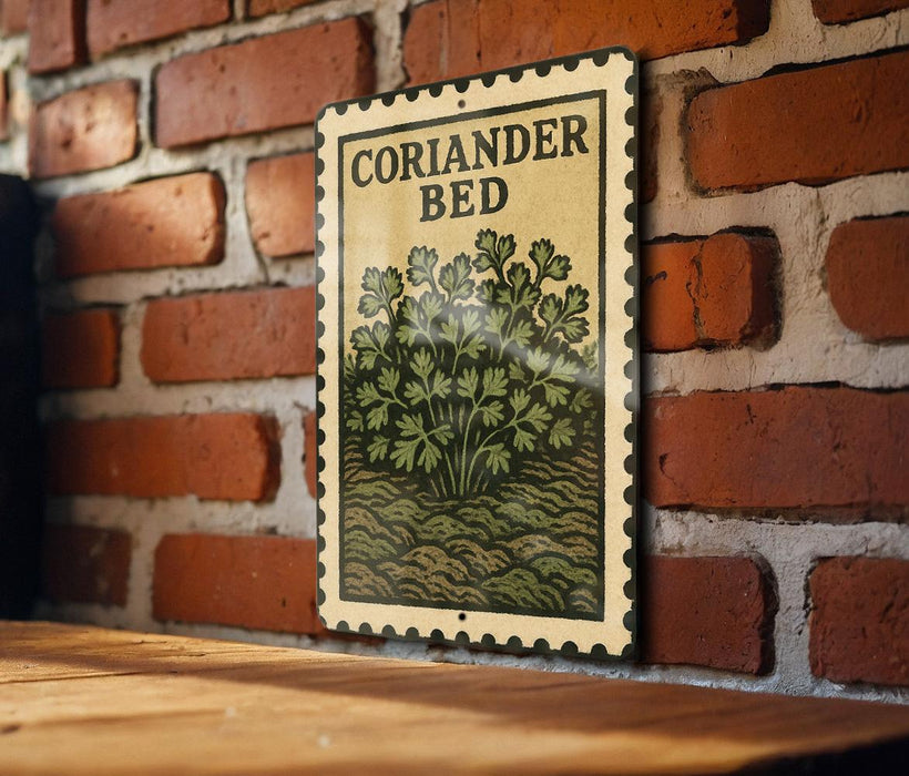 A vintage-style metal sign with the text "CORIANDER BED" is displayed on a brick wall, with a wooden table below it.