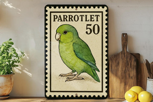 A vintage-style postage stamp featuring a green parrot, with the number 50 printed on it. The stamp is displayed on a shelf next to a wooden cutting board and some kitchen utensils.