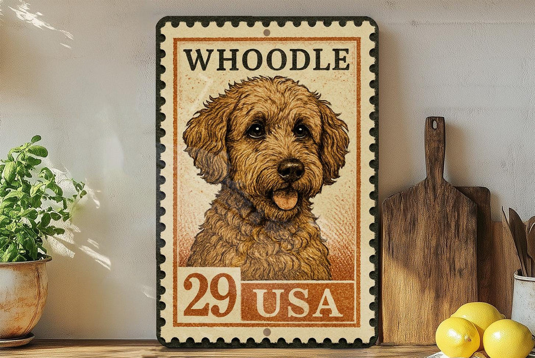 A framed illustration of a dog, resembling a postage stamp, is displayed on a shelf next to a wooden cutting board and some lemons.