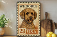 A framed illustration of a dog, resembling a postage stamp, is displayed on a shelf next to a wooden cutting board and some lemons.