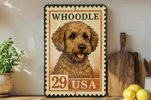 A framed illustration of a dog, resembling a postage stamp, is displayed on a shelf next to a wooden cutting board and some lemons.
